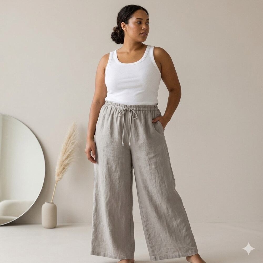 Zara Women’s Gray 100% Linen Wide leg Pants Beachy Minimalist Neutral XXL